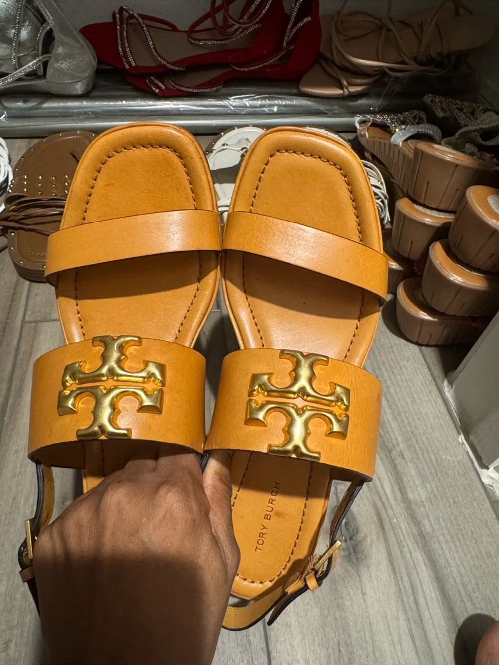 Tory Burch Eleanor Two-Band Medallion Slingback Sandals Cognac